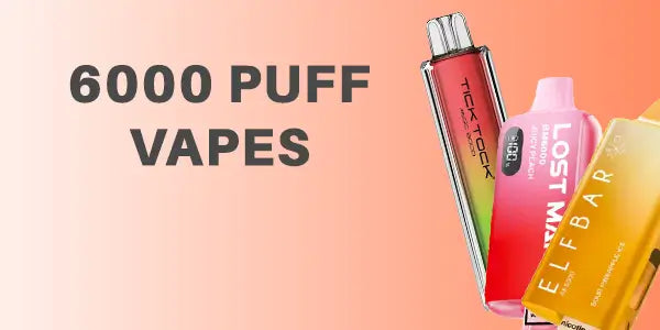 Selection of high-capacity 6000 puff disposable vapes and big puff devices, including the Lost Mary BM6000, Tick Tock 8000, and Elfbar AF5000 with integrated liquid reservoirs.