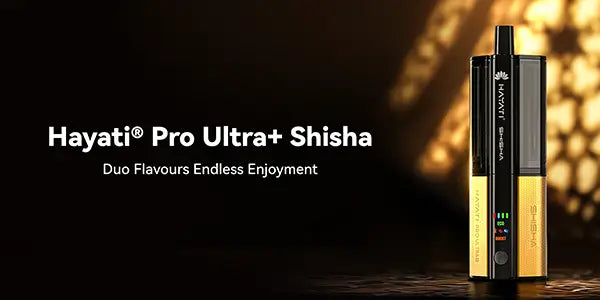 Hayati Pro Ultra+ Shisha dual flavour vape kit in black and gold with digital display screen