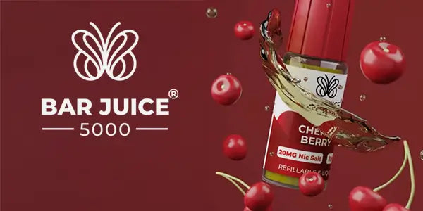 Bar Juice 5000 Cherry berry nic salt on red background with floating cherrys 