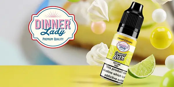 Dinner Lady Key Lime Tart nicotine salt e-liquid from the Dessert Bar range, featuring a 10ml bottle with lime slices and meringue swirls on a bright yellow background.