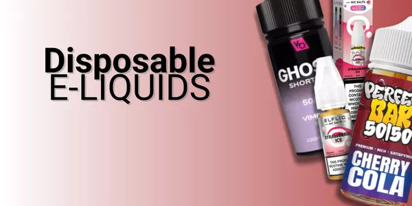 Disposable vape e-liquids collection featuring assorted flavour bottles displayed beside bold “Disposable E-Liquids” text on a pink gradient background.
