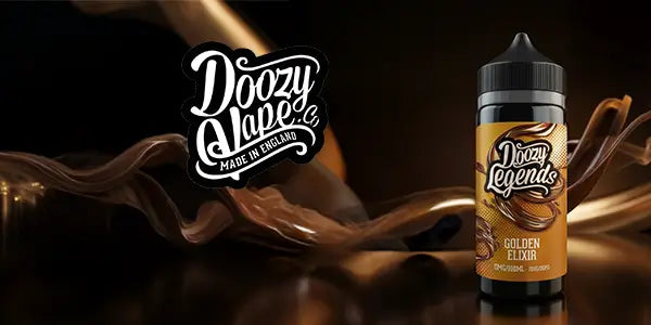 Doozy Legends Golden Elixir 100ml shortfill e-liquid bottle with a tobacco and caramel swirl background.