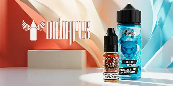 Dr Vapes e-liquid display featuring The Panther Series Ice Frozen Blue Raspberry 100ml shortfill and a Lotus Cheesecake nicotine salt bottle against a blue and orange wave background.