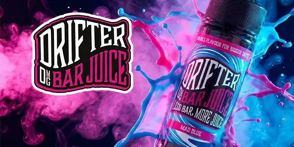 Drifter Bar Juice Mad Blue 100ml shortfill e-liquid bottle featuring a dramatic blue and pink paint splash background with neon pink vapor clouds.