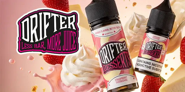 Drifter Desserts Strawberry Cheesecake e-liquid featuring 100ml shortfill and 10ml nicotine salt bottles with fresh strawberries and whipped cream swirls.