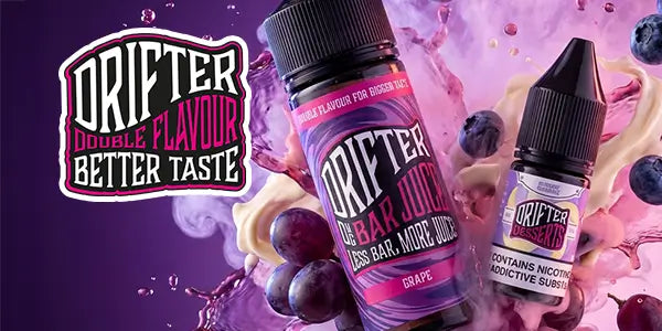 Drifter Bar Juice Grape 100ml shortfill and Drifter Desserts 10ml nicotine salt bottles surrounded by a purple grape splash and cream accents.