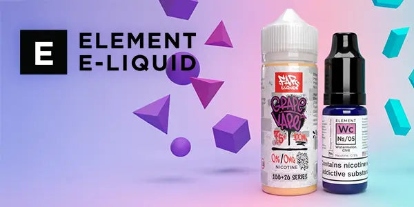 Element E-Liquid logo showing Element 100ml Shortfill Bottle and Element 10ml Nic Salt E-liquid Bottle