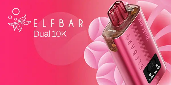 Elf Bar Vape Logo with a Elf Bar Dual 10K Prefilled vape kit on a pink background