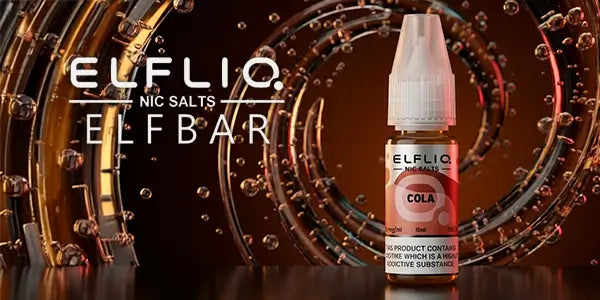 ELFLIQ Nic Salts e-liquid bottle in Cola flavor with copper metallic background and bubble effects