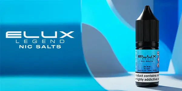 Elux Legend Nic Salts bottle positioned next to the brand logo on a blue abstract background.