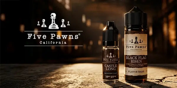 Five Pawns California e-liquid featuring Castle Long nicotine salt and Black Flag Risen flavor base bottles on a rustic stone surface with dramatic lighting.