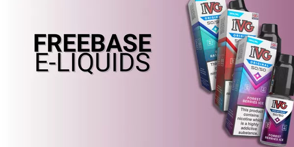 Freebase e-liquids selection featuring IVG e-liquid bottles and packaging displayed beside bold “FREEBASE E-LIQUIDS” text on a gradient background.