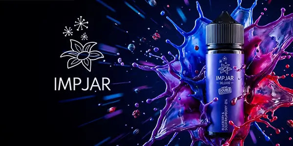 Imp Jar Blueberry and Sour Raspberry 50ml shortfill e-liquid bottle with a vibrant purple and pink liquid splash against a dark background with the white floral Imp Jar logo.