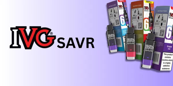 IVG Savr Prefilled Vape Pod on Purple Gradient background with IVG Vape Logo 