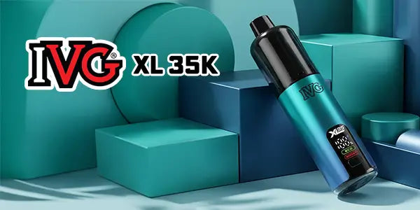 IVG XL 35K vape kit in teal with LED display panel, displayed against a matching teal geometric block background, showcasing the bold IVG branding and sleek cylindrical device design.