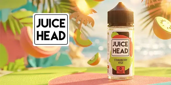 Juice Head Strawberry Kiwi 0mg shortfill e-liquid bottle on a sun-drenched tropical beach background with stylized palm trees and floating kiwi slices.