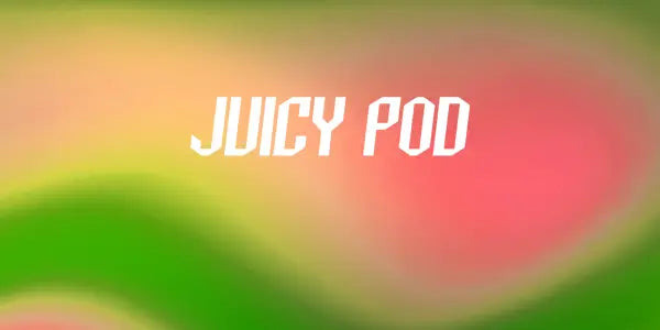 Juicy Pod Vape logo in bold white text over a vibrant green, yellow, and pink gradient background.
