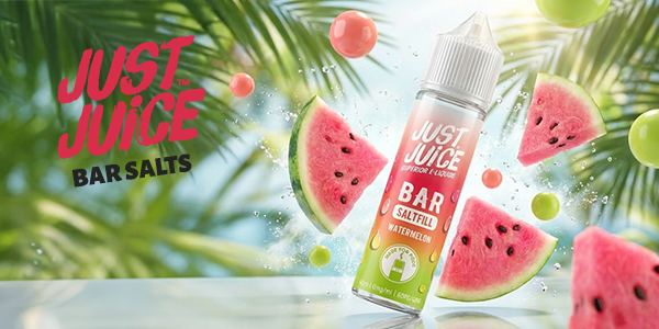 Just Juice Bar Salts watermelon flavour e-liquid bottle with watermelon slices and palm leaves in the background