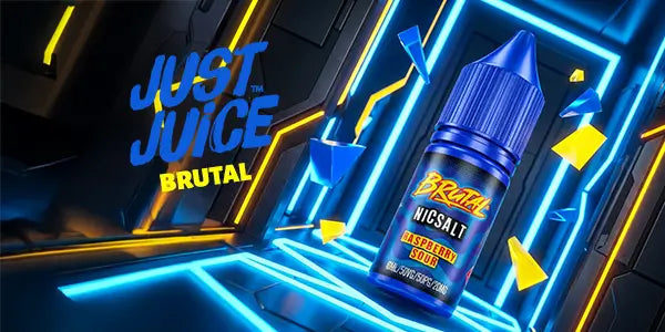Blue nicotine salt bottle with 'Just Juice Brutal' branding on a neon-lit background