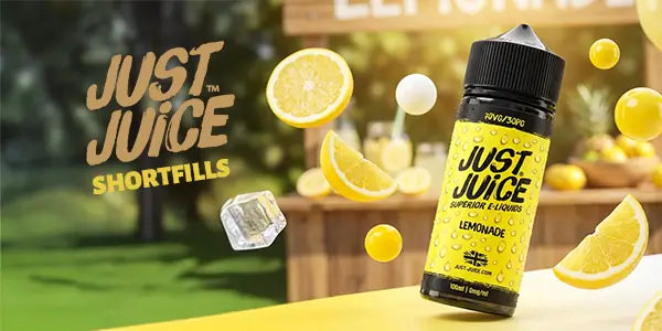 Just Juice Shortfill E-liquids with a bottle of Just Juice Lemonade 100ml from the Iconic Range.