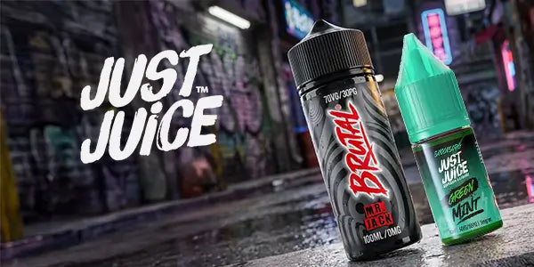 Just Juice Brutal Mr. Jack 100ml shortfill and Green Mint nic salt e-liquid bottles against a neon urban alleyway background.