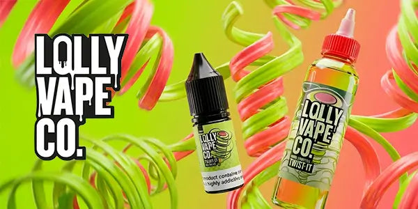 Two bottles of Lolly Vape Co. e-liquid with colorful swirls in the background