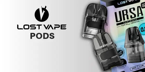 Lost Vape Ursa replacement pods and top-fill cartridges displayed with retail packaging and brand logo.