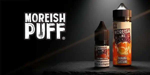 moreish puff e-liquid logo showing Moreish Puff Shortfill e-liquid and Moreish Puff 10ml Nic Salt e-liquid
