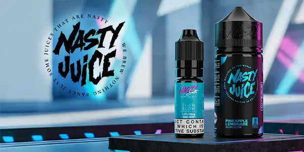 nasty juice​ e-liquid range, 10ml Nasty Nic Salt Slow blow flavour and 50ml nasty juice shortfill vape juice slow blow flavour
