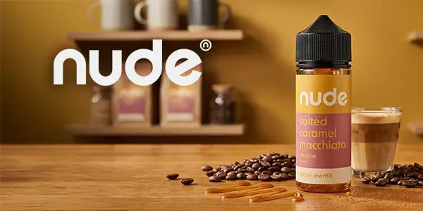 Nude E-liquid logo with a bottle of Nude 100ml Shortfill Vape Juice Salted Caramel Macchiato Flavour