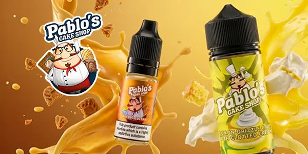Pablo's Cake Shop E-liquid logo with pablos cake shop 10ml nic salt bottle and 100ml Pablos cake shop shortfill