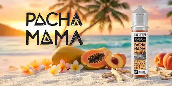 pacha mama vape juice​ logo with 50ml Pacha Mama shortfill e-liquid bottle peach papaya coconut cream flavour