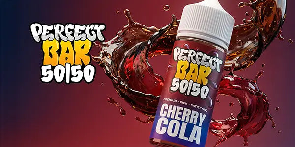 Perfect Bar 50/50 Vape Juice with a 100ml Shortfill Bottle in Cherry Cola Flavour with splashes behind.