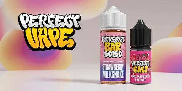 Two bottles of Perfect Vape e-liquid with colourful labels on a gradient background.