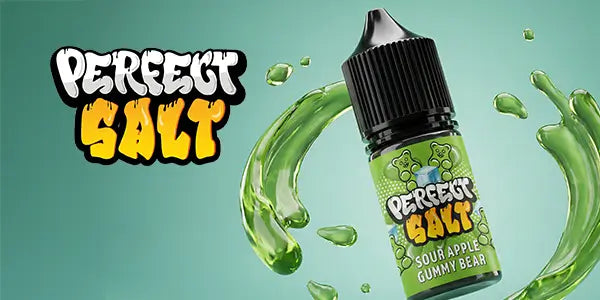 Perfect Salt vape juice bottle in sour apple gummy bear flavour with green liquid splash on a teal background