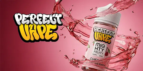 Perfect Vape Logo with a bottle of 100ml shortfill mighty fruity wrapped around with splashes of pink liquid on a pink gradient background.