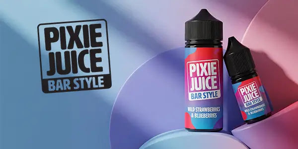 Pixie Juice Bar Style Logo with 2 bottles of pixie juice in 10ml & 100ml.