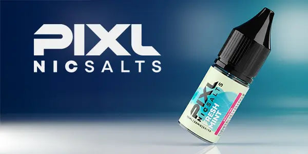 Pixl Nic Salt E-liquid bottle with black cap and pastel mint label, displayed against a blue gradient background.