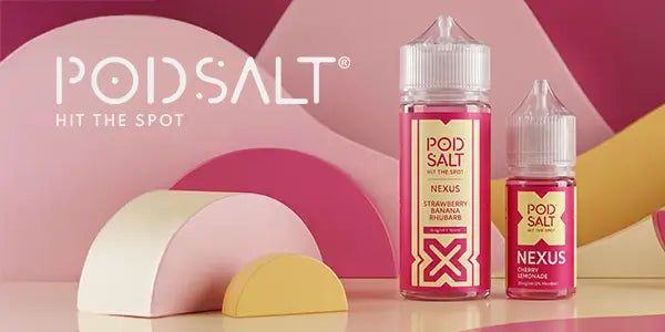 Pod Salt Nexus e-liquid collection featuring a 100ml Strawberry Banana Rhubarb shortfill and a 10ml Cherry Lemonade nicotine salt bottle on a pink and yellow geometric background.