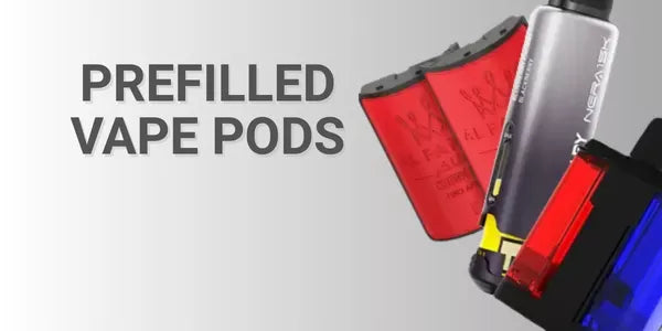 Prefilled vape pods category banner showing coloured prefilled pods and a pod kit on a grey gradient background.