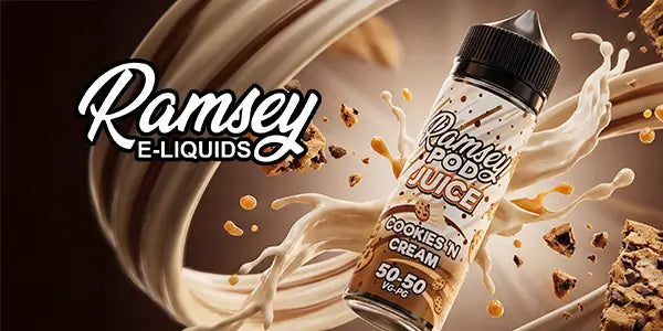 Ramsey E-liquids Logo with a 100ml bottle of Pod Juice cookies N Cream surrounded by splashes of milk and cookies.