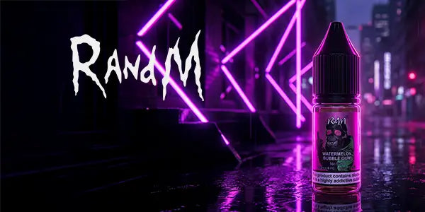 Vape juice bottle with 'RandM' branding in a neon-lit urban setting