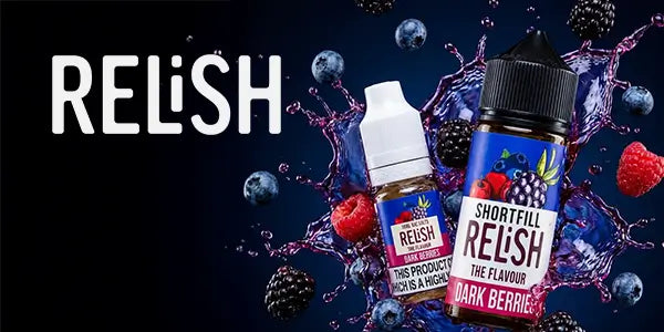 Relish Vape Juice Logo with 2 bottles of Relish E-liquid surrounded by liquid splashes with fruits.
