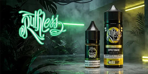 Ruthless vape juice logo alongside 10ml Ruthless nic salt bottle and a ruthless 100ml shortfill vape juice bottle