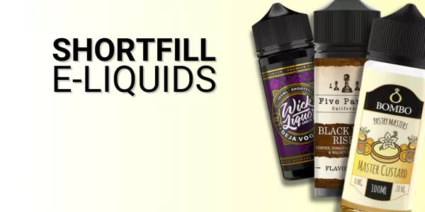 Shortfill e-liquids collection featuring large nicotine-free bottles displayed beside bold “Shortfill E-Liquids” text, ideal for adding nicotine shots and sub-ohm vaping.