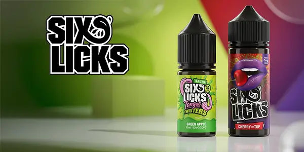 Six Licks vape juice logo with 10ml six licks nic salt and 100ml six licks shortfill vape juice