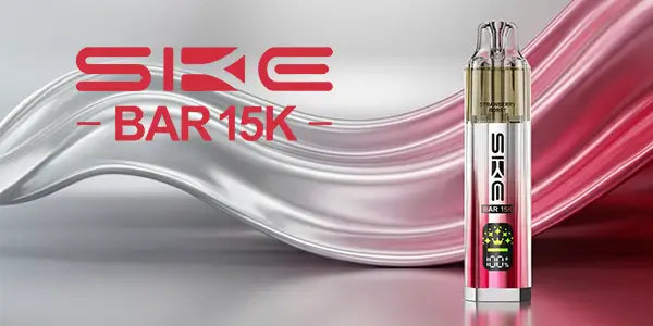 SKE Bar 15K Prefilled Vape Kit standing upright with a transparent upper tank and pink metallic body, featuring a small digital display screen, placed against a sleek silver and red flowing background with bold SKE BAR 15K branding.