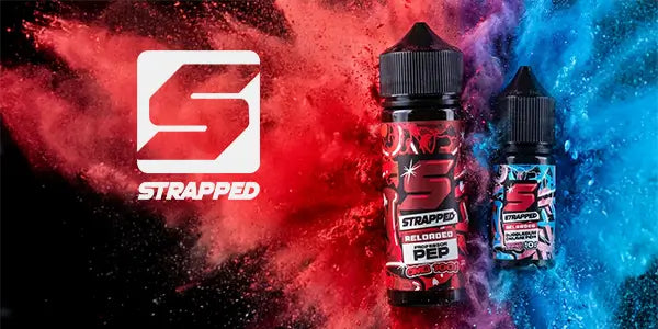 Two Strapped vape juice bottles on a colorful background with the brand logo.
