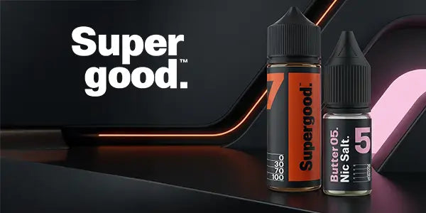 Two bottles of Supergood vape juice on a dark background with 'Supergood' branding.