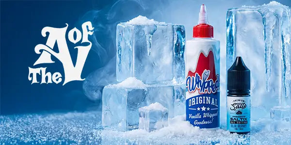 Two vape juice bottles with ice cubes on a blue background, featuring the brand 'Ace of Vapez'.